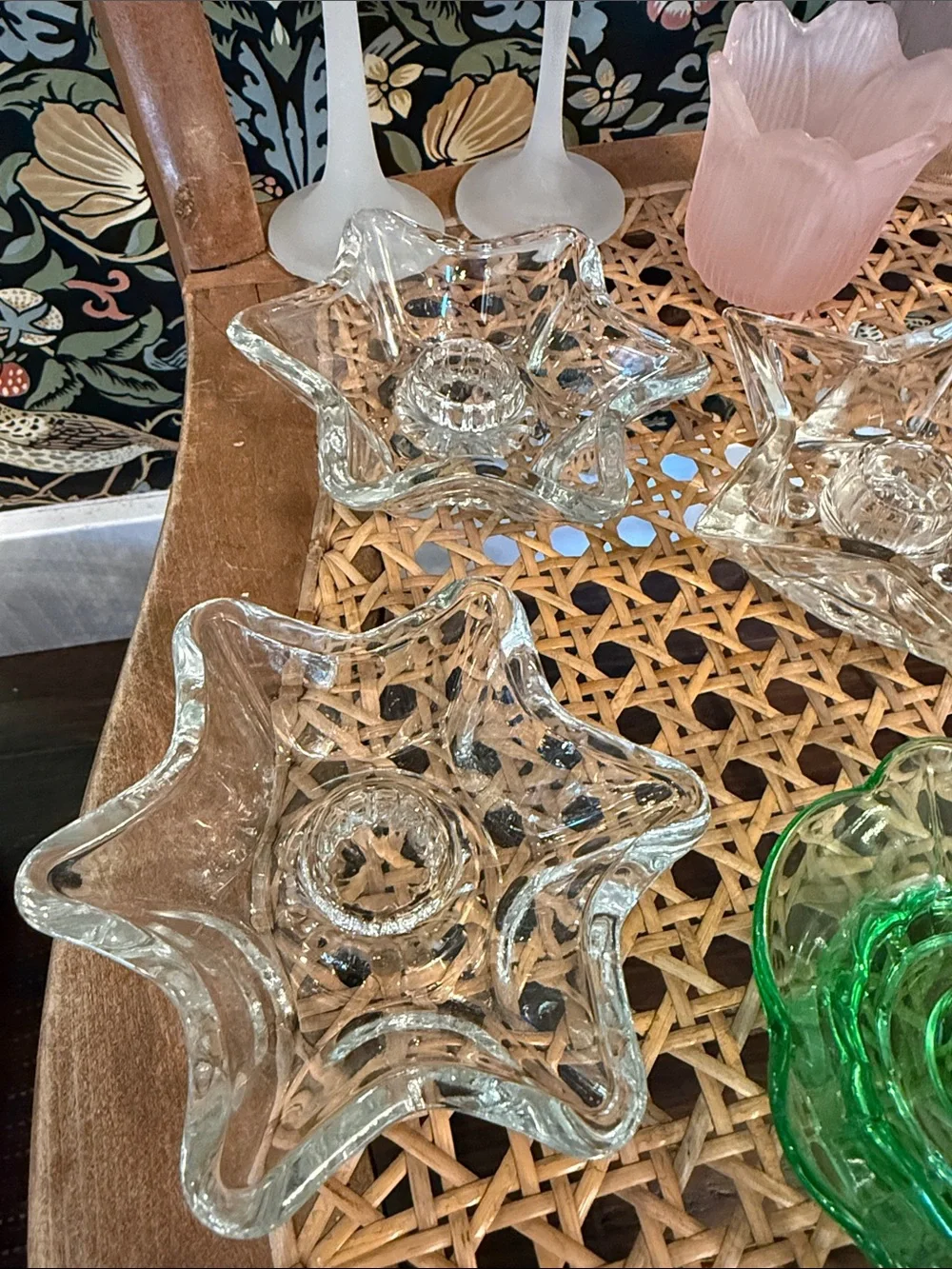 Vignette of 11 Vintage Candle Holders, Fostoria, Party Lite, KIG, Hazel Atlas